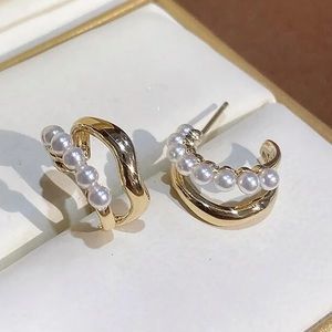 Luxury Fashion Women Double Wavy Pearl Ear Earrings Wedding Earrings